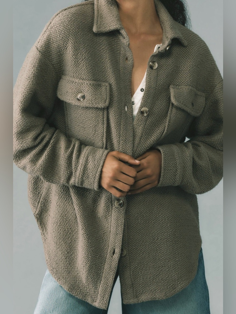 By Anthropologie Rare Sage Oversized Knit Shacket Pocket Jacket Women M NWOT